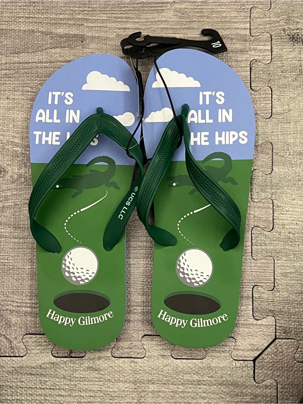 US SLLC Happy Gilmore Men's Flip Flop Sandals Green Blue Graphic Logo US 10